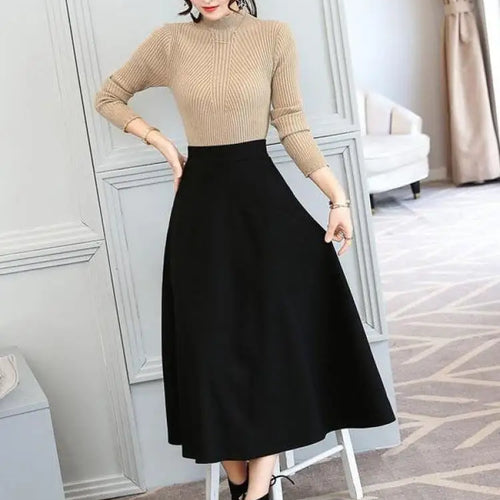 Load image into Gallery viewer, Black Elastic High Waist Pocket Long Skirt Women's Spring And Autumn Basic Casual Pleated Plus Size Slim Versatile Red Skirt
