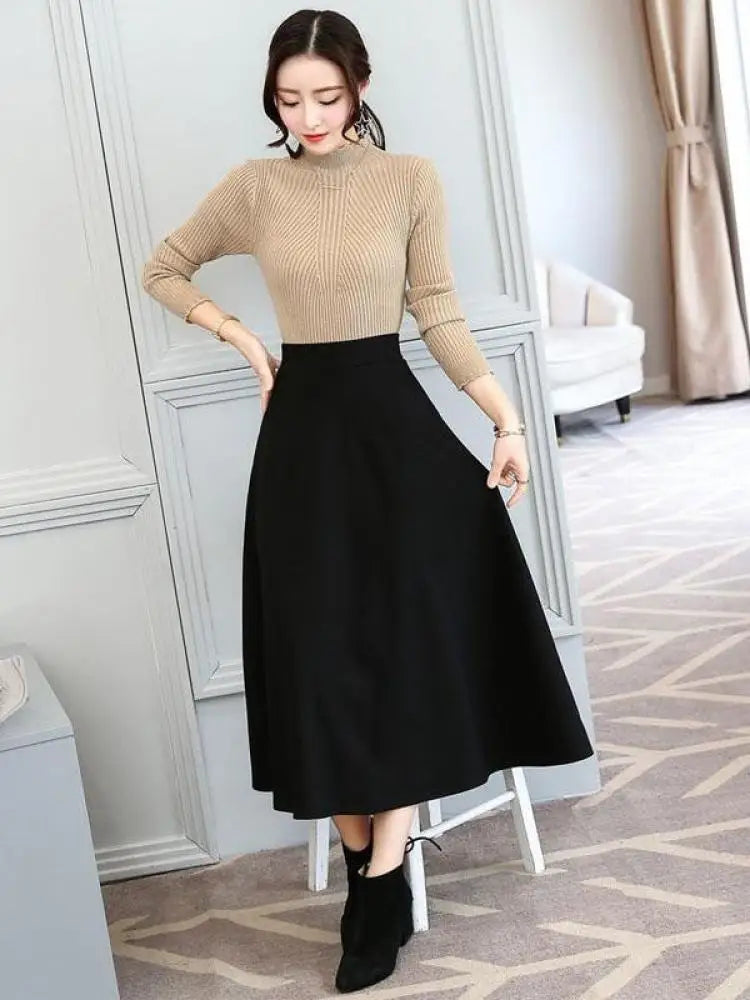 Black Elastic High Waist Pocket Long Skirt Women's Spring And Autumn Basic Casual Pleated Plus Size Slim Versatile Red Skirt