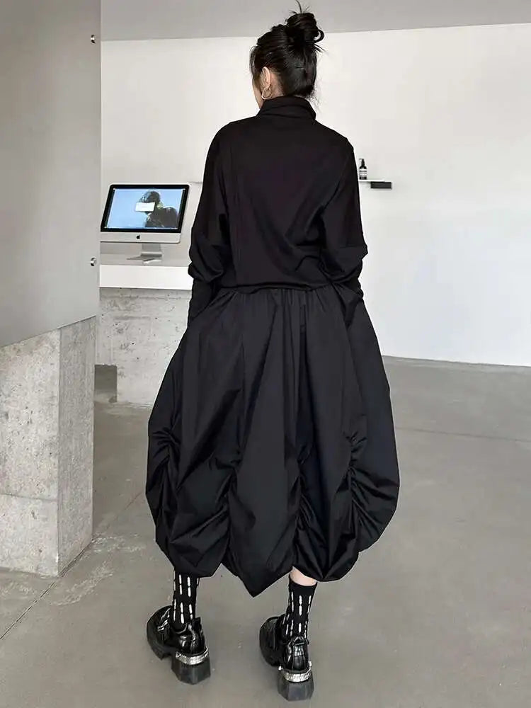 High Elastic Waist Black Pleated Irregular Shaped A-line Half-body Skirt Women Fashion Tide New Spring Autumn 2025 1DH9135