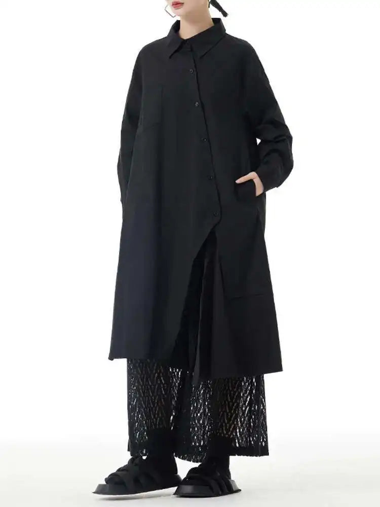 Women Purple Irregular Button Slit Big Size Shirt Dress New Lapel Long Sleeve Fashion Tide Spring Autumn 2025 1DH4827