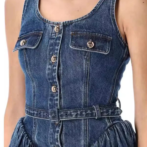 Load image into Gallery viewer, Solid Spliced Button Chic Dresses For Women Square Neck Sleeveless High Waist Temperament Slimming Dress Female New
