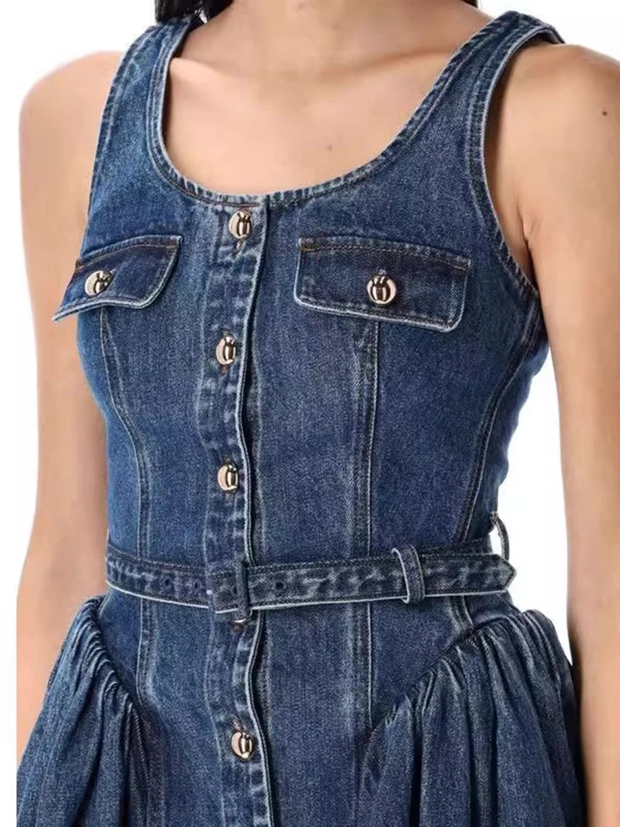 Solid Spliced Button Chic Dresses For Women Square Neck Sleeveless High Waist Temperament Slimming Dress Female New