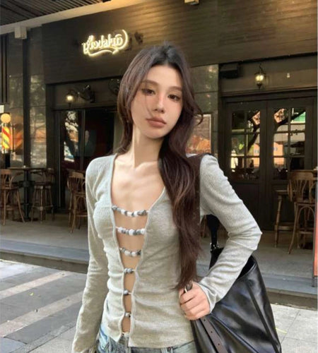 Sexy Hollow Out Grunge String Beads Shirts Femme Slim Y2k Aesthetic Solid Streetwear Cropped Tops Women Harajuku Grunge T-shirt