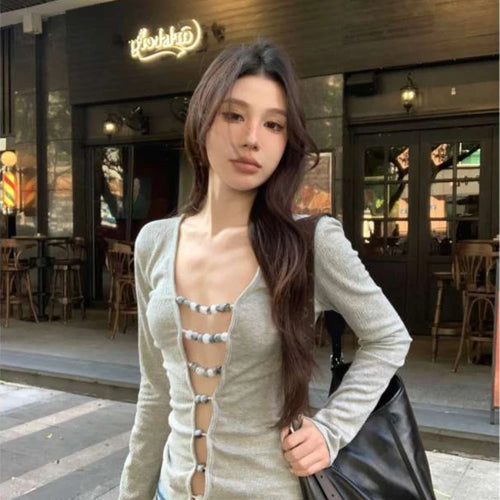 Load image into Gallery viewer, Sexy Hollow Out Grunge String Beads Shirts Femme Slim Y2k Aesthetic Solid Streetwear Cropped Tops Women Harajuku Grunge T-shirt
