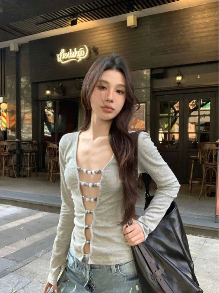 Sexy Hollow Out Grunge String Beads Shirts Femme Slim Y2k Aesthetic Solid Streetwear Cropped Tops Women Harajuku Grunge T-shirt