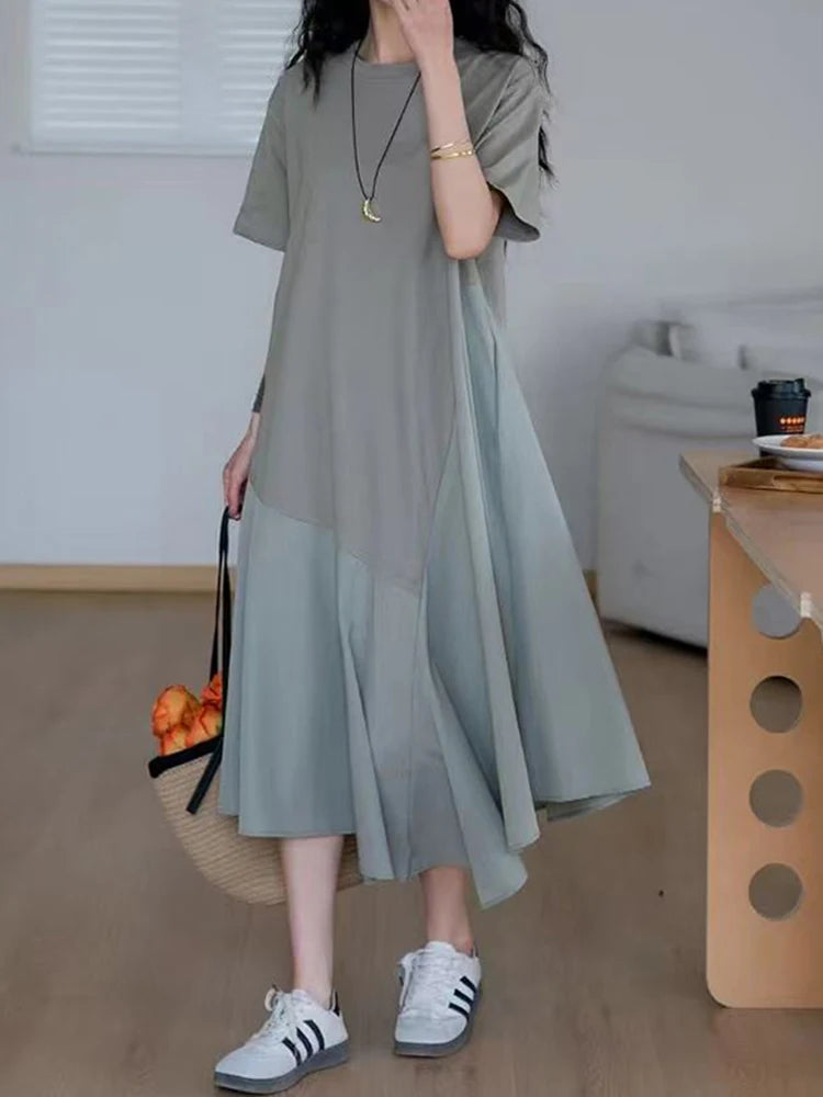 Women Black Irregular Spliced Big Size Casual Dress New Round Neck Short Sleeve Fashion Tide Spring Summer 2025 1DJ1188