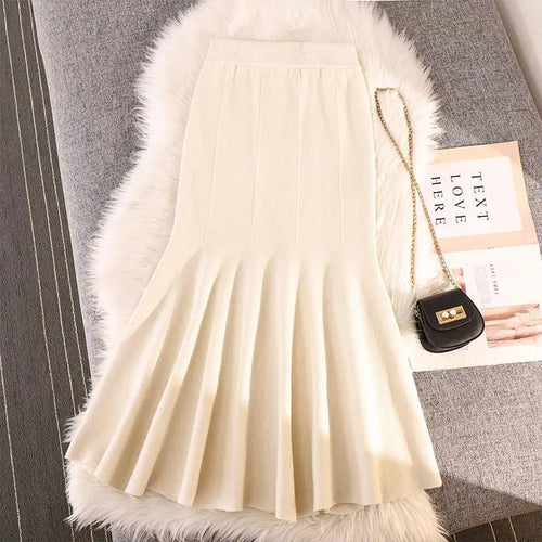 Load image into Gallery viewer, Autumn Winter Black Pleated Knit Fishtail Skirt Women 2023 Fashion Beige Bodycon Mermaid Midi Skirt Pink Elastic High Waist Slim
