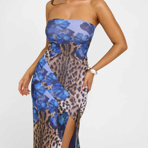 Load image into Gallery viewer, Sexy Strapless Ruffle Edge Slit Dress Women 2024 Summer New Strapless Printed Temperament Vestido Party Evening Dress
