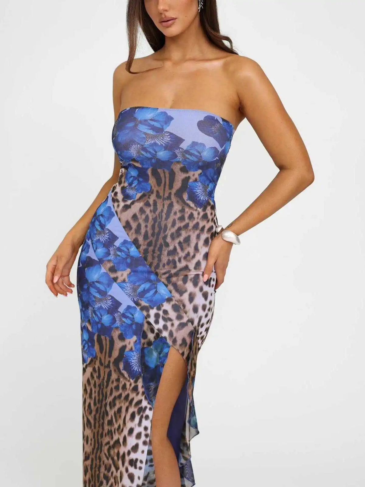 Sexy Strapless Ruffle Edge Slit Dress Women 2024 Summer New Strapless Printed Temperament Vestido Party Evening Dress