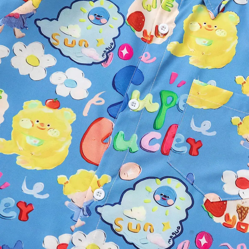 Harajuku Hawaiian Shirts Streetwear Cartoon Graphic Printed Button Up Summer Beach Blouse Hip Hop Casual Baggy Short Sleeve Tops