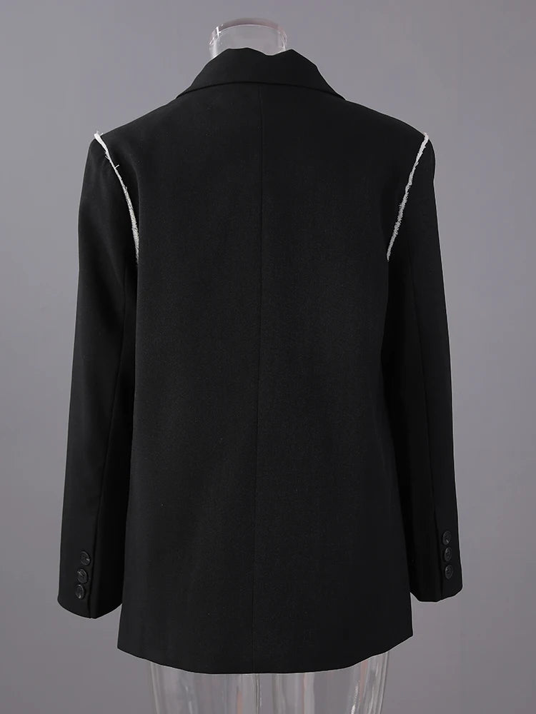 Women Black Color-block Burr Big Size Elegant Blazer New Lapel Long Sleeve Jacket Fashion Tide Spring Autumn 2025 1DH9734