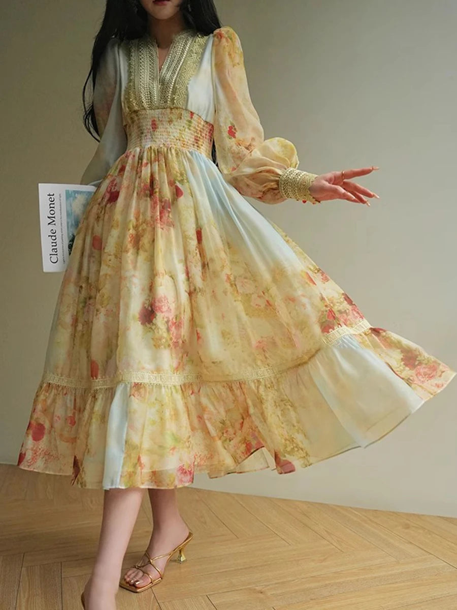 Hit Color Temperament Elegant Dresses For Women V Neck Long Sleeve High Waist Temperament Long Dress Female Fashion