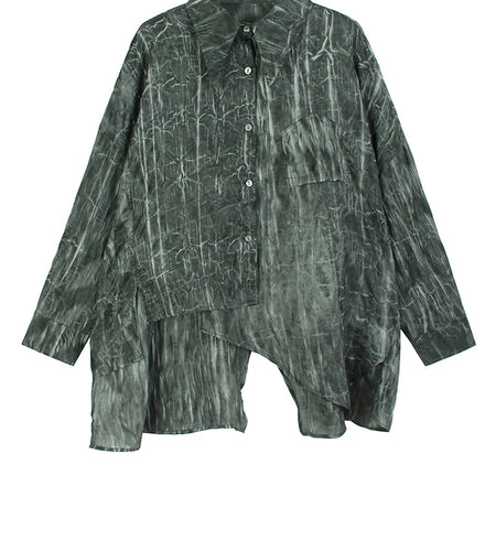 Women Dark Gray Tie Dye Irregular Big Size Blouse New Lapel Long Sleeve Shirt Fashion Tide Spring Autumn 2025 1DH9659