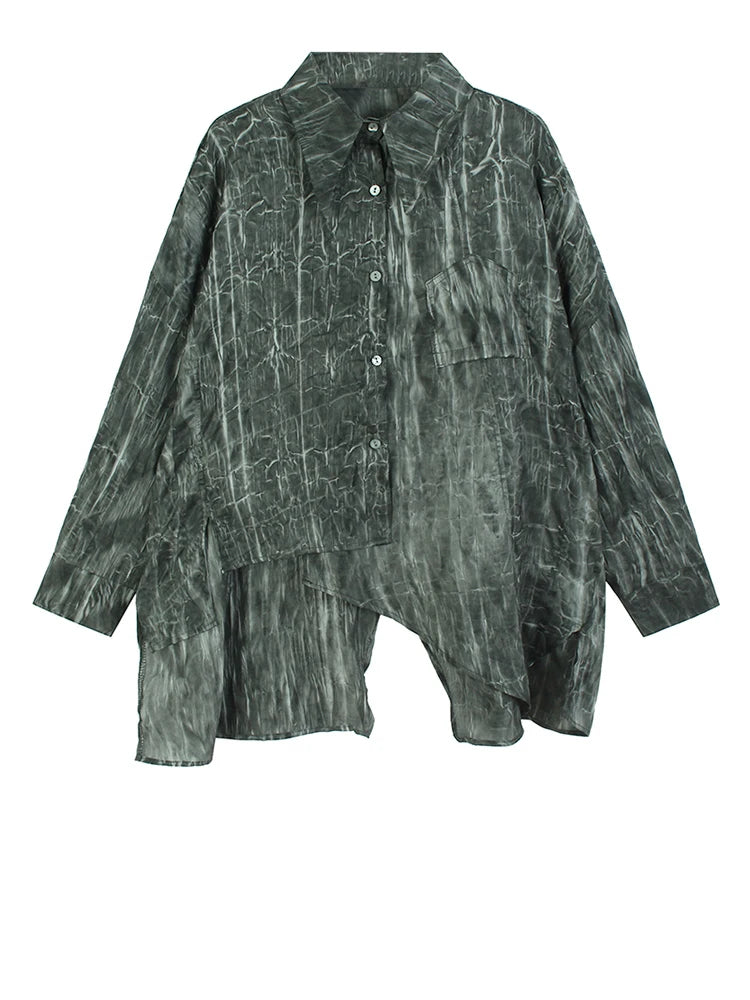 Women Dark Gray Tie Dye Irregular Big Size Blouse New Lapel Long Sleeve Shirt Fashion Tide Spring Autumn 2025 1DH9659
