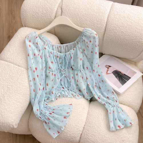 Load image into Gallery viewer, French Vintage Women's Blue Strawberry Print Blouse Spring Autumn Flared Long Sleeves Square Neck Ladies Lace-up Short Shirt New
