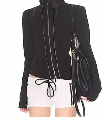 Solid Slimming Spliced Zipper Fashion T Shirts for Women High Neck Long Sleeves Temperament T Shirt Female Clothing