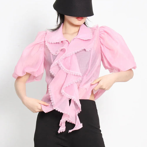 Load image into Gallery viewer, Ruffle Trim Black Shirt For Women Lapel Puff Sleeve Solid Button Through Blouse Female Fashion Clothing Style
