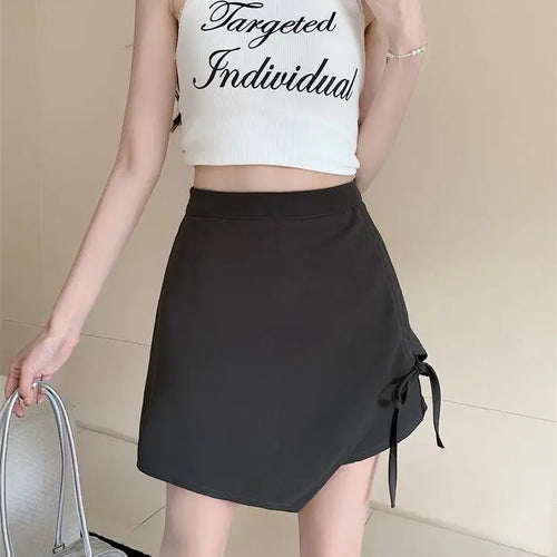 Load image into Gallery viewer, Spring Summer Black Slim Irregular Long Skirts Women Brown Grey High Waist Elegant Drawstring Lace-up Pleated Skirt Streetwear
