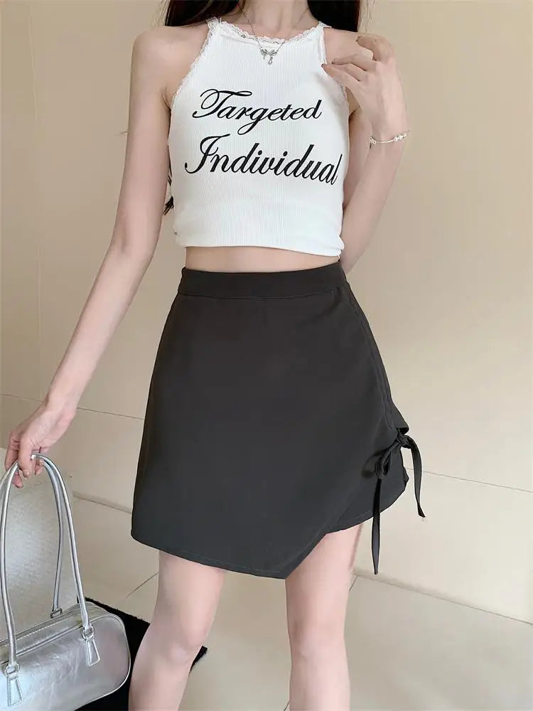 Spring Summer Black Slim Irregular Long Skirts Women Brown Grey High Waist Elegant Drawstring Lace-up Pleated Skirt Streetwear