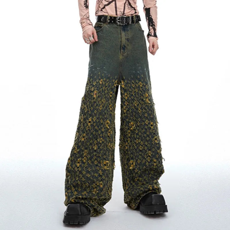 American High Street Irregular Hole Jeans Straight Casual Pants Vintage Wide Leg Male Trousers Fashion 24E1290