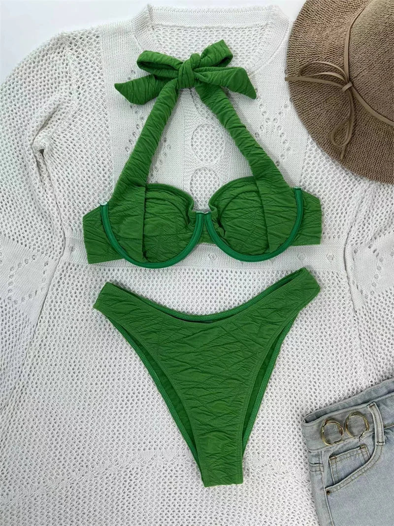 Underwire Halter Swimwear Bandeau Bikini Sets 2024 Sexy Women Swimsuit Thong Biquini Brazilian Bathing Suit Beachwear