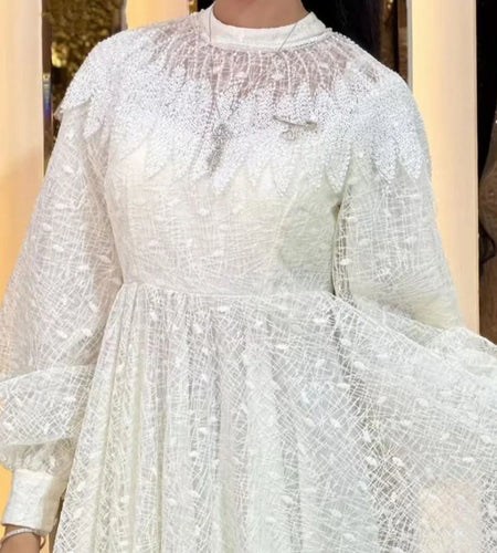 Fashion Spliced Bead Vintage Dresses for Women Round Neck Long Sleeves High Waist Patchwork Folds Dress Female New