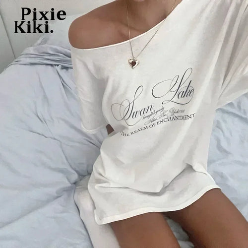 Load image into Gallery viewer, Letter Print Graphic T Shirts White Oversized One Shoulder Tops Womens Summer Fashion Clothing Trends 2024 P71-BG14
