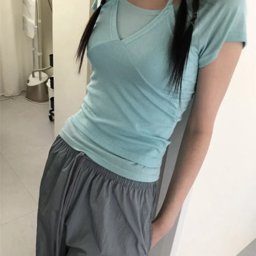 Load image into Gallery viewer, Two Pieces Set Short Sleeve T-shirt Halter Patchwork Slim Sexy Fashion Cropped Top Women Y2k  Aesthetic Summer Solid Casual Tees
