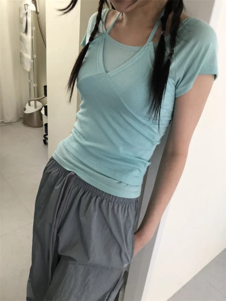 Two Pieces Set Short Sleeve T-shirt Halter Patchwork Slim Sexy Fashion Cropped Top Women Y2k  Aesthetic Summer Solid Casual Tees