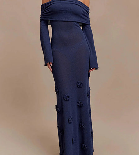 3D Flowers Off Shoulder Long Sleeve Crochet Knitted Tunic Beach Cover Up Cover-ups Beach Dress Beach Wear Beachwear Female V6186