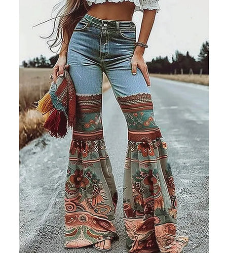 Womens Jeans Pants Autumn Winter Blue Vintage Floral Printed Bottoms with Pockets Woman High-Waisted Flared Denim Pants