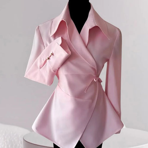 Load image into Gallery viewer, Slimming Spliced Lace Up Fashion Blouses for Women Lapel Long Sleeves Patchwork Buttons Blouse Female Clothing New
