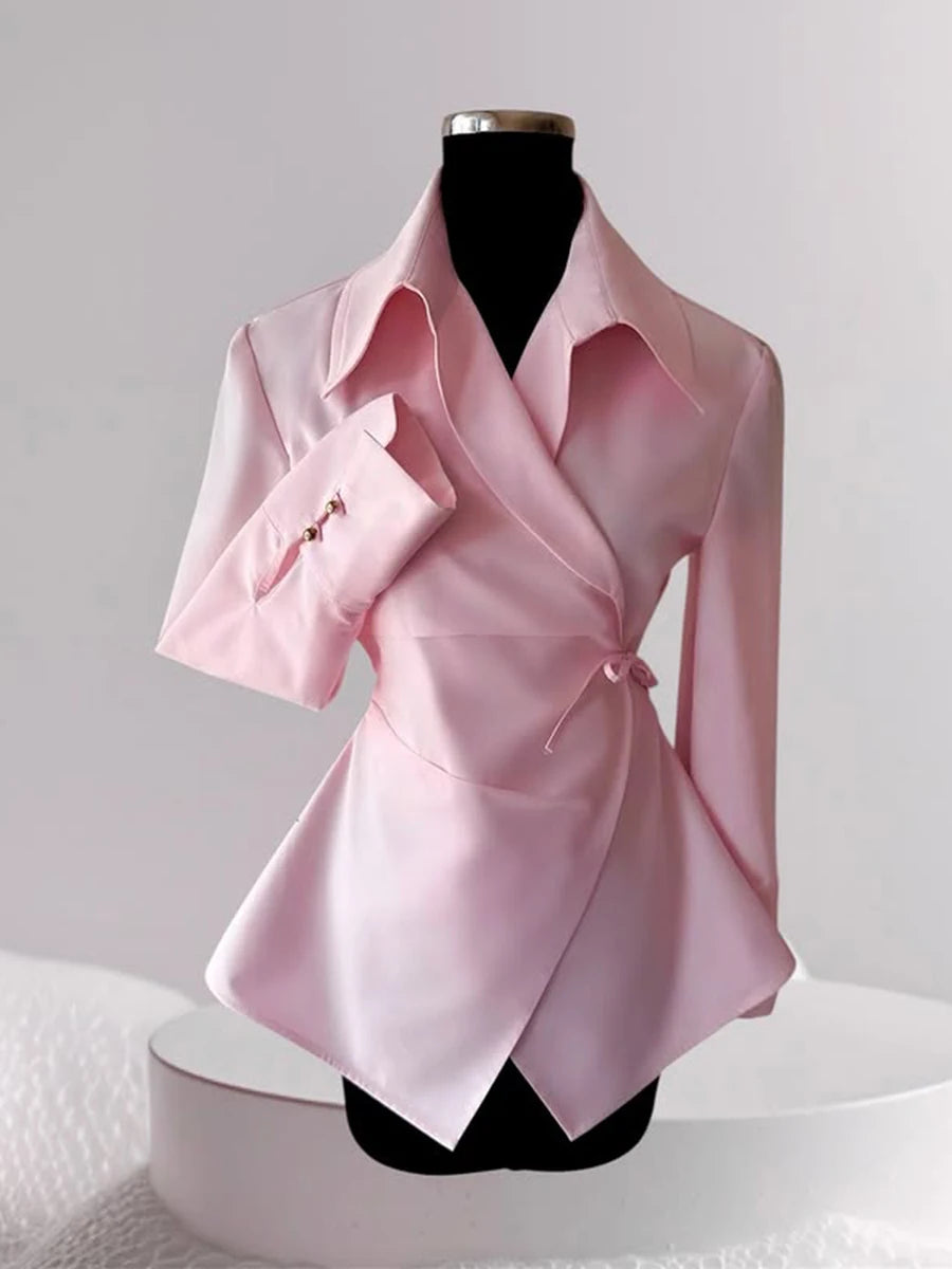 Slimming Spliced Lace Up Fashion Blouses for Women Lapel Long Sleeves Patchwork Buttons Blouse Female Clothing New