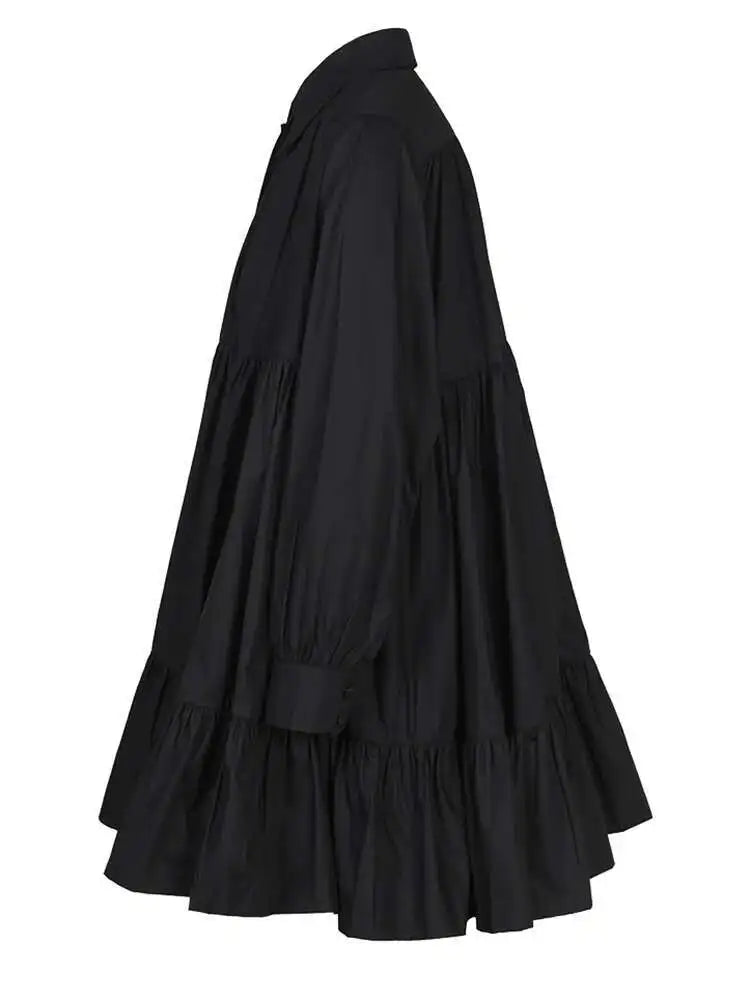 Women Black Pleated Elegant Mini Shirt Dress New Lapel Long Sleeve Loose Fit Fashion Tide Spring Autumn 2025 1DE365901