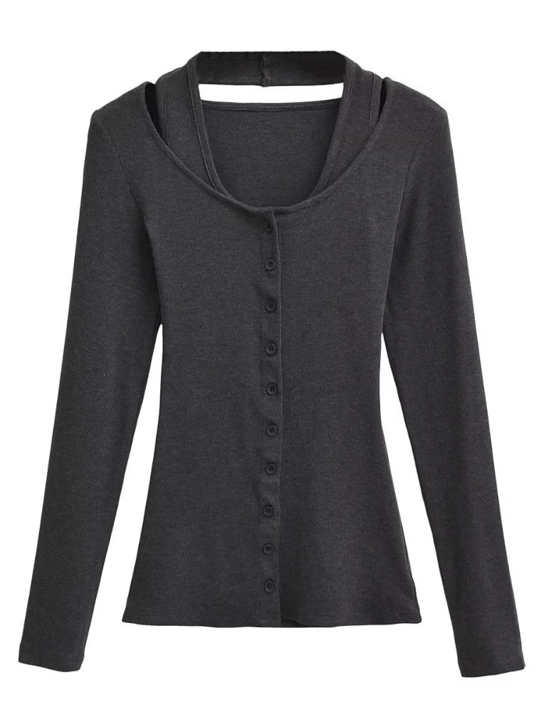 Y2k Sexy Fake Two Pieces Set Long Sleeve Halter Top Women Solid Skinny Patchwork Basic Tee Shirts Korean Fashion  Tshirts