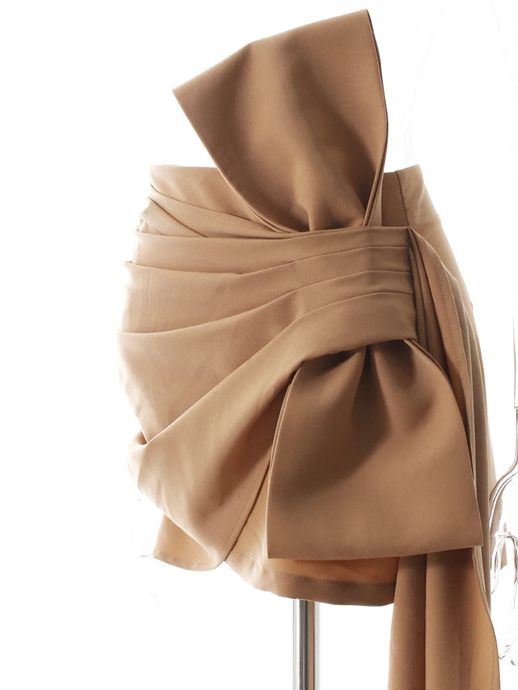 High Waist Khaki Pleated Bandgae Bow Elegant Mini Half-body Skirt Women Fashion Tide New Spring Autumn 2025 7AB8038