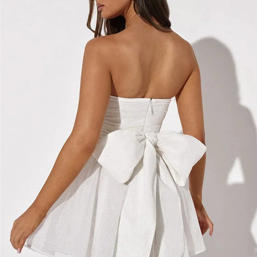 Load image into Gallery viewer, Mesh Strapless Sparkle Sexy Mini Dress For Women Fashion Backless Bow Pleated Dresses Femme Club Party Dress Elegant
