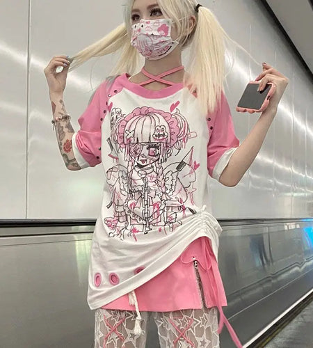 Y2k T Shirts Women Clothing Streetwear Bandage Short Sleeve Tees Fashion Japanese Camisetas Rivet Anime Print Sweet Tshirt Tops