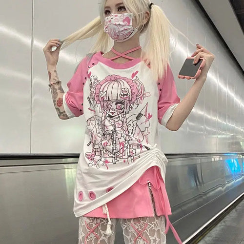 Load image into Gallery viewer, Y2k T Shirts Women Clothing Streetwear Bandage Short Sleeve Tees Fashion Japanese Camisetas Rivet Anime Print Sweet Tshirt Tops
