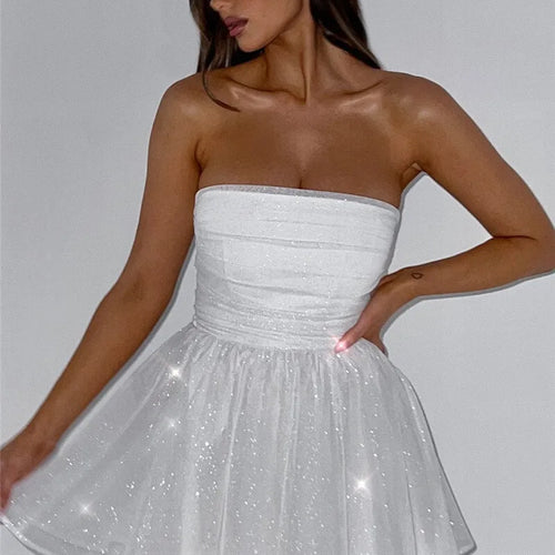 Load image into Gallery viewer, Mesh Strapless Sparkle Sexy Mini Dress For Women Fashion Backless Bow Pleated Dresses Femme Club Party Dress Elegant
