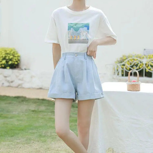 Load image into Gallery viewer, Spring Summer High Waist Solid Student Cotton Shorts Women Fashion Casual Versatile Button Pleated Short Pants Simplicity Korean
