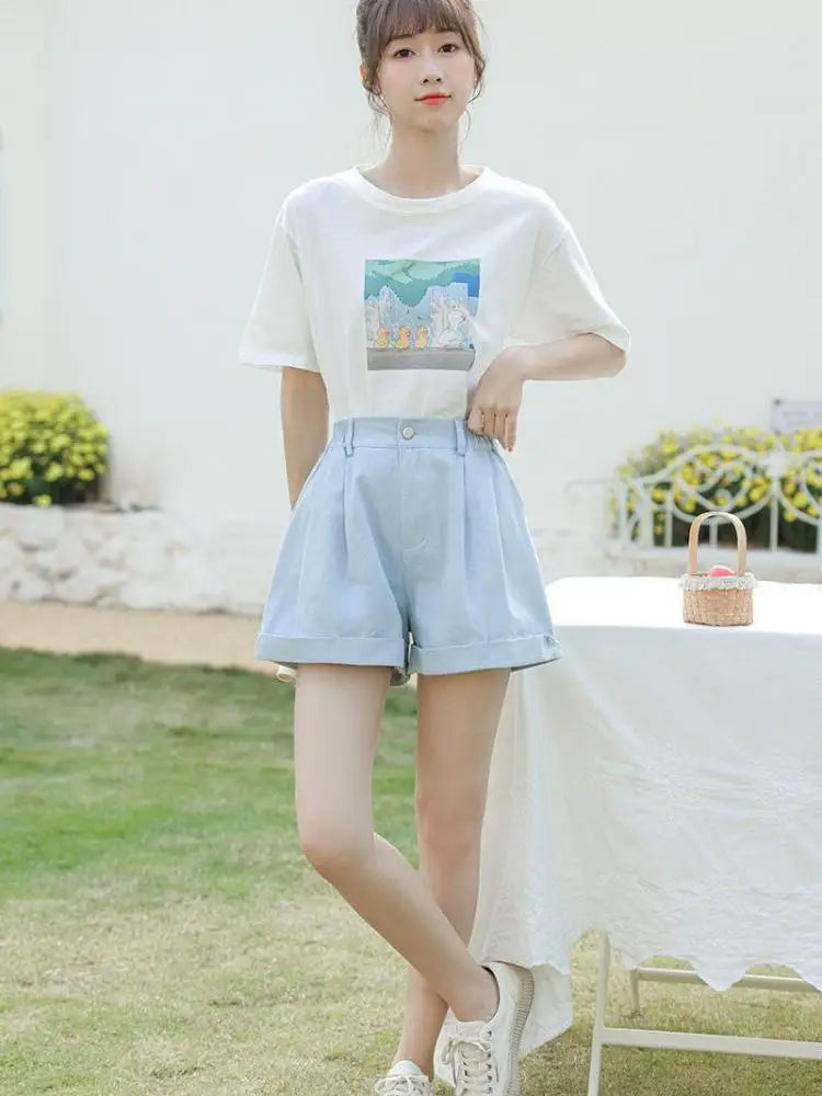 Spring Summer High Waist Solid Student Cotton Shorts Women Fashion Casual Versatile Button Pleated Short Pants Simplicity Korean