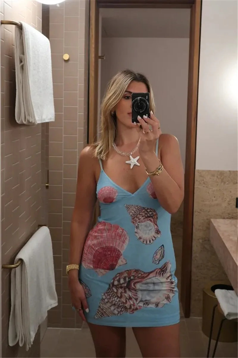 Spaghetti Strap Floral Print Mini Dress For Women Robe Summer New V Neck Sleeveless Backless Print Beach Holiday Dress