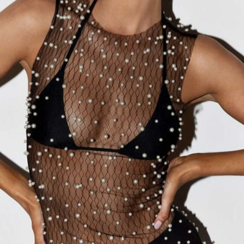 Load image into Gallery viewer, See Through Mesh Sleeveless Tops For Women Fashion Sheer Pearl Sexy Tank Tops Femme Club Party T-shirt New
