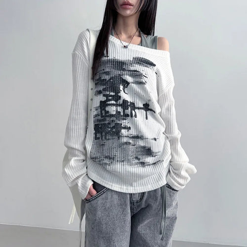 Load image into Gallery viewer, Autumn Harajuku Women Printing Tees Vintage Streetwear Grunge Skew Collar Tops Y2k Aesthetic Loose Casual Hiphop Vintage Tops
