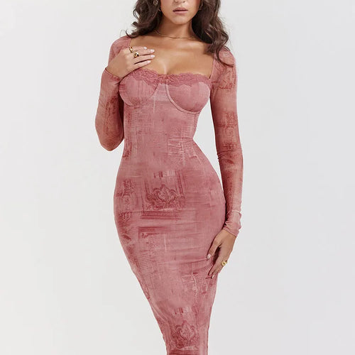 Load image into Gallery viewer, Long Sleeve Printed Dress for Women, Bodycon Lace Midi Dress, Elegant Party Evening Dress, Square Neck, Autumn, 2023
