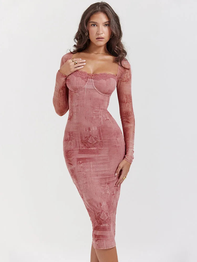 Long Sleeve Printed Dress for Women, Bodycon Lace Midi Dress, Elegant Party Evening Dress, Square Neck, Autumn, 2023