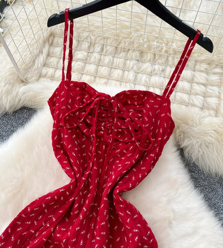 French Women Red Print Elegant Slim Lace-up Slip Long Dress 2025 Summer New Retro Sleeveless Holiday Party Dress Fashion Popular