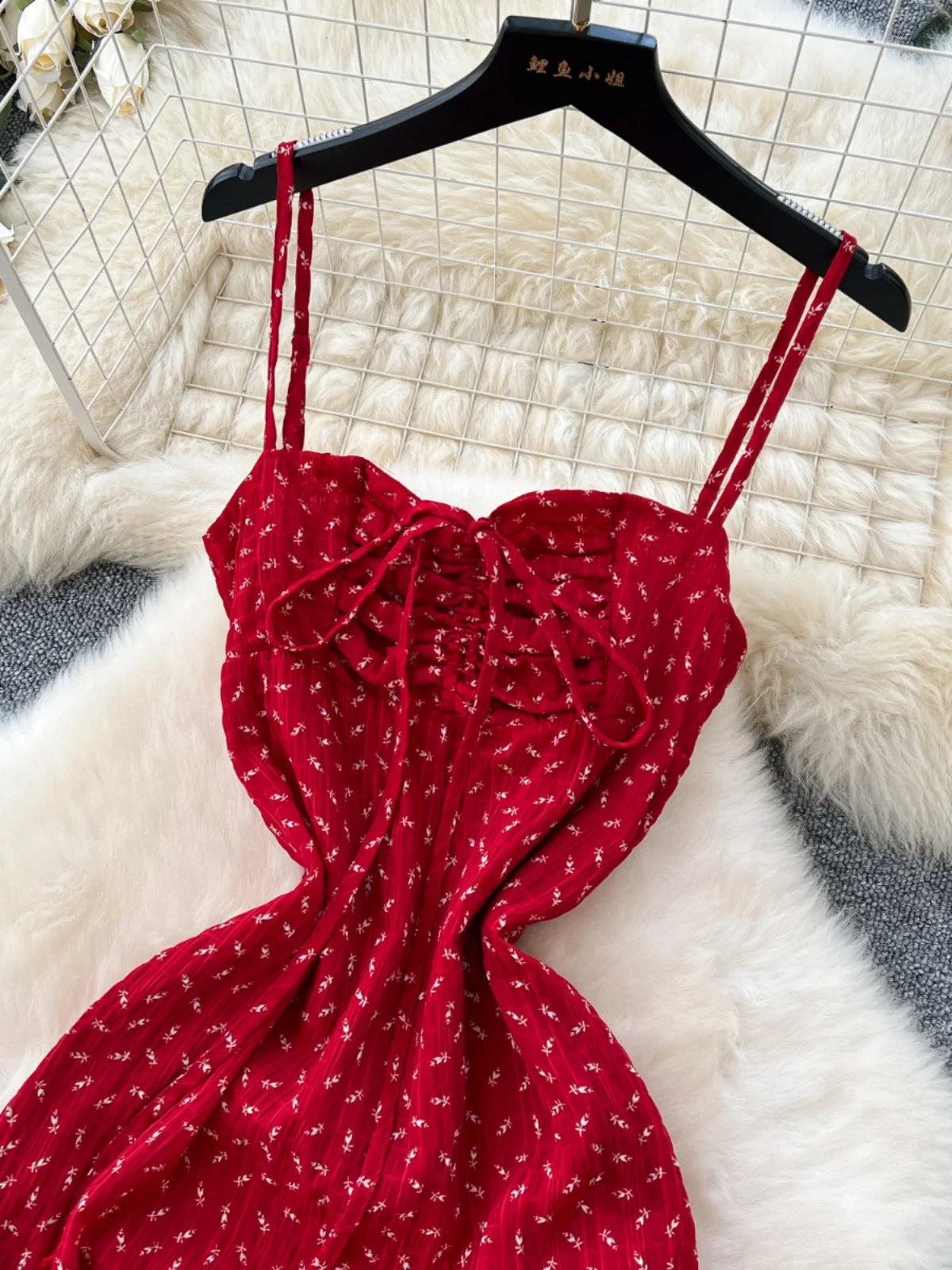 French Women Red Print Elegant Slim Lace-up Slip Long Dress 2025 Summer New Retro Sleeveless Holiday Party Dress Fashion Popular