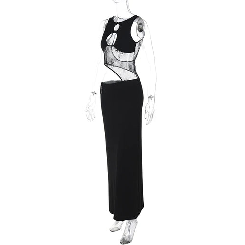 Load image into Gallery viewer, Hollow Out Sleeveless Sexy Maxi Dress For Women Black O Neck See Through Lace Backless Bodycon Club Long Dress Fashion
